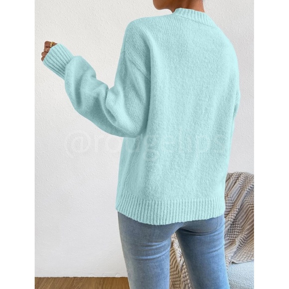 Mint Blue Soft Sweater Pullover Long Sleeve Drop Shoulder - Picture 6 of 9